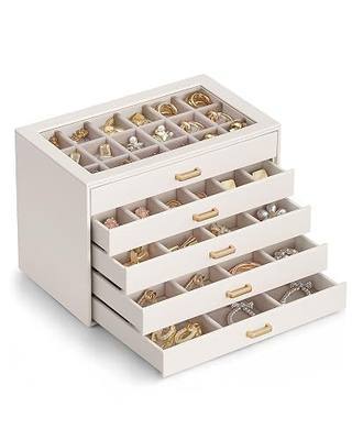 Lolalet Earring Organizer, Jewelry Box with Clear Lid -Beige, 5 Layer | PU Leather, Velvet, Removable Dividers, Dustproof, Easy Clean, For Studs Rings, Gift for Women Girls, Home Aesthetic Decor