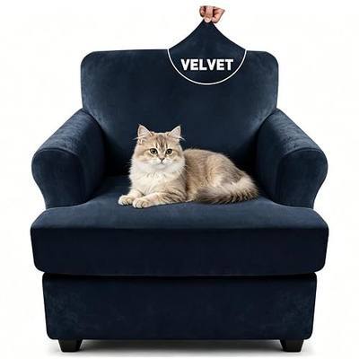 YEMYHOM Real Velvet 2 Pieces T Cushion Chair Covers with Arms Super Stretch Chair Slipcover for Living Room Pet Dog Universal Slip Cover Anti Slip Armchair Furniture Protector (Navy)