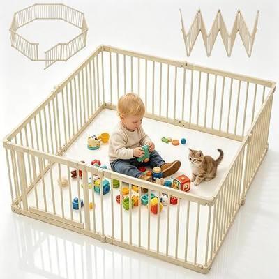 64x64in Foldable Wooden Baby Playpen with Gate, Child Safety Lock, CPC Certified Indoor Play Yard with Suction Cups, Expandable Toddlers Playpens Great Gifts for Babies Boys Girls