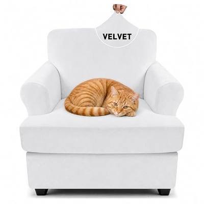 YEMYHOM Real Velvet 2 Pieces T Cushion Chair Covers with Arms Super Stretch Chair Slipcover for Living Room Pet Dog Universal Slip Cover Anti Slip Armchair Furniture Protector (White)