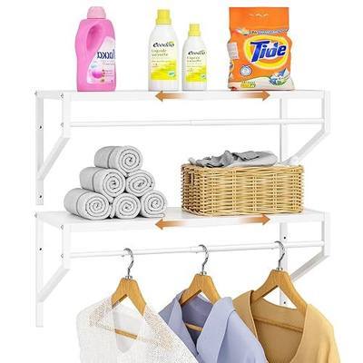ThreeHio 2 Pack Expandable Laundry Room Shelves with Hanging Rod, Over Washer and Dryer Shelves, Wall Mounted Metal Shelving, Utility Floating Wall Shelf for Laundry Closet Organizers and Storage