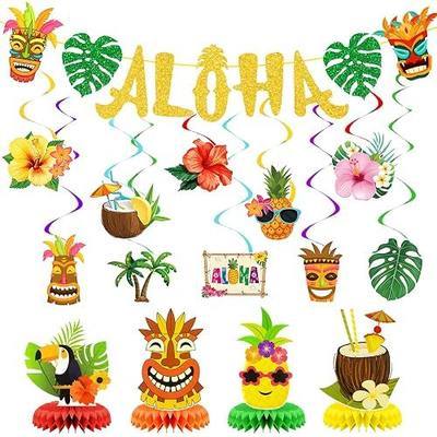 Luau Party Decorations, Hawaiian Party Decorations with Aloha Banner Hanging Swirl Honeycomb Table Centerpieces for Summer Tropical Beach Pool Party Floral Tiki Birthday Party Decor