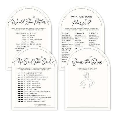 4-in-1 Minimalist Arch Bridal Shower Games Set for 50 Guests | Features 4 games: Would She Rather, He Said She Said, What's in Your Purse, Guess the Dress. Double-sided thick paper.