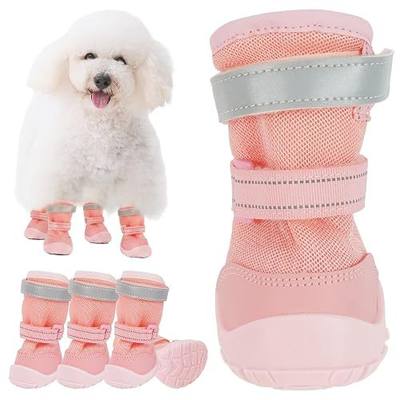 Breathable Dog Boots for Summer, Non Slip Mesh Shoes Reflective & Adjustable Puppy Shoes for Hot Pavement Protection, Anti-Slip Sole Booties for Walking Running, Pink, Size 3