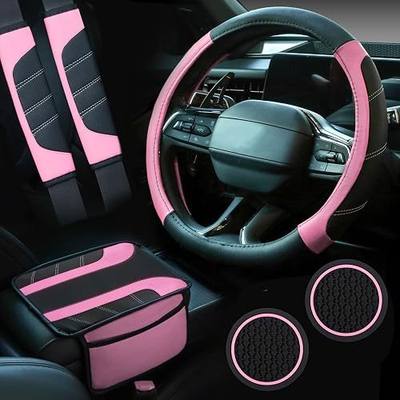 Valleycomfy 6 PCS Steering Wheel Covers Universal 14.5-15 inch Set | Seat Belt Cushion, Center Console Cover, Cup Holder Coaster,Auto Car Accessories Sets,Pink