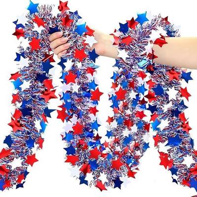 33Ft 4th of July Sequin Star Garland, Red White Blue Metallic Tinsel Twist Garland with 5-Pointed Stars, 2026 Patriotic Independence Day Decor for 250th Anniversary Home Staircase Porch