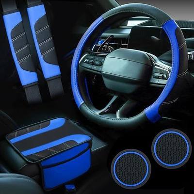 Valleycomfy 6 PCS Steering Wheel Covers Universal 14.5-15 inch Set | Seat Belt Cushion, Center Console Cover, Cup Holder Coaster,Auto Car Accessories Sets,Blue