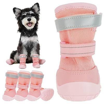 Breathable Mesh Boots for Dogs, Reflective Summer Puppy Booties, Adjustable, Anti Slip Paw Protectors for Hot Asphalt Sidewalk Walking, Pink, Size 1