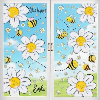 White Daisy Window Clings, 6 Sheets 120 Pcs | Daisy Floral Window Stickers Bee Happy Smile Daisy Decal for Glass Windows, Summer Spring Window Decorations