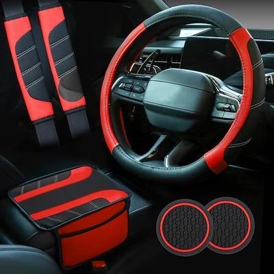 Valleycomfy 6 PCS Steering Wheel Covers Universal 14.5-15 inch Set | Seat Belt Cushion, Center Console Cover, Cup Holder Coaster,Auto Car Accessories Sets,Red