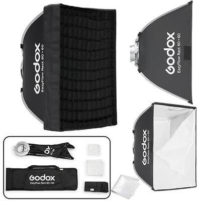 GODOX Softbox Godox EazyFlow Rect 60x60cm Square Softbox, 23.6"x23.6" Quick-Folding Portable Modifier with Grid, Bowens Mount for Studio Flash & LED Video Light, for Portrait & Live Streaming