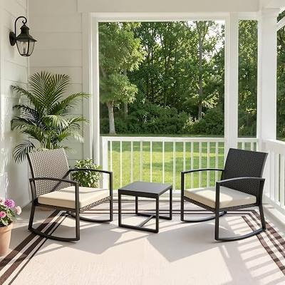 WWR Rocking Patio Bistro Sets 3 Piece - All-Weather - Conversation Furniture Set, Wicker Rattan Outdoor Front Porch Chair for Balcony, Porch, Garden, Backyard, Poolside