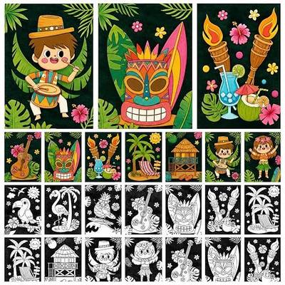 Cinrobiye 48 Pcs Hawaiian Velvet Coloring Posters, Tropical Luau Fuzzy Coloring Sheets Bulk, Flamingo Pineapple Tiki DIY Craft Set for Parties, Events and Creative Art Projects