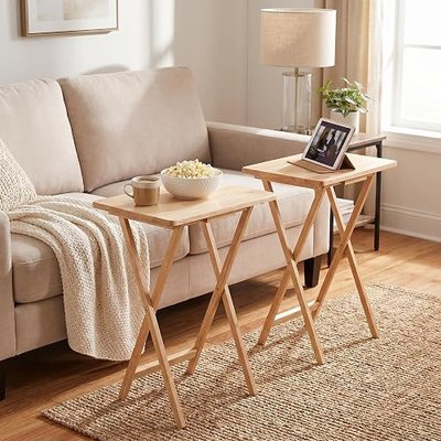 2-Pack Modern Indoor Folding Tray Table Natural Rubberwood - Portable TV Dinner Stand for Sofa, Laptop Desk, Bed Tray, Small Space