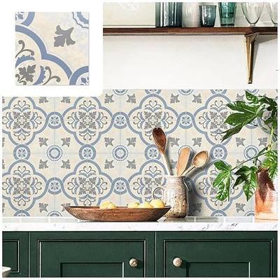 Tilingview Peel and Stick Tile 10 PCS, Matte 8"x8" Self-Adhesive Kitchen Backsplash Tile, Vintage Mosaic Stick on Tiles for Bathroom/Bedroom/Laundry Room/RV (Blue Flower)