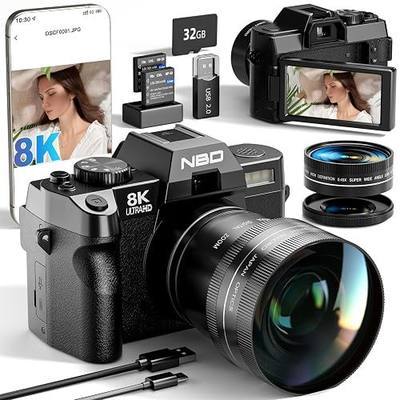 NBD 8K 64MP Digital Cameras for Photography, 52mm Macro Lens, Flip Screen | 16X Zoom, WiFi , Wide-Angle & Macro Lens, Autofocus, 2 Batteries, 32GB Card, for YouTube and Travel,Teenagers and beginners