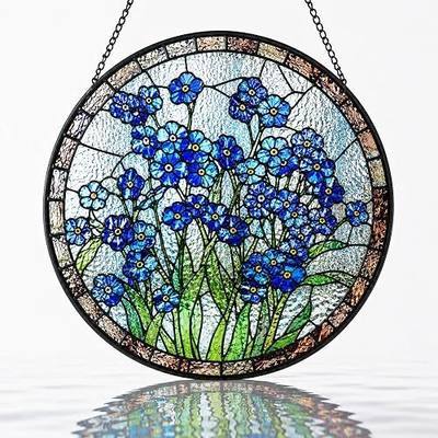 Forget-Me-Not Flower Stained Glass Suncatcher, Blue Floral Window Hanging Decor, Botanical Sun Catcher Ornament, Spring Garden Gift for Mom 6.3
