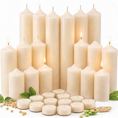 White Soy Wax Pillar Candle Set, 18 Pack (2x3, 2x6, 2x8 in) & 12 Tea Lights | Unscented non-toxic, clean burning, smokeless, dripless candles for wedding, fireplace, home decor, dinner table, emergency
