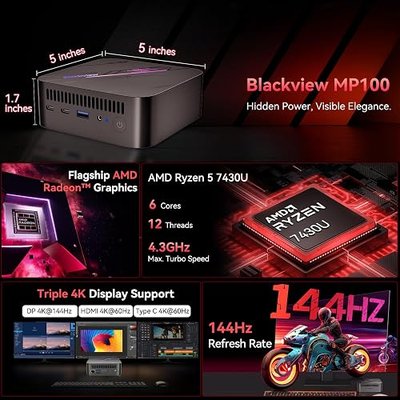Blackview MP100 Mini PC AMD Ryzen 7430U, Up to 144Hz (DP+HDMI+Type-C) 3 Display Desktop PC, 16GB RAM 512GB SSD (Up to 64GB+8TB), Win-11 Pro, WiFi 6/BT 5.2 for Home Office
