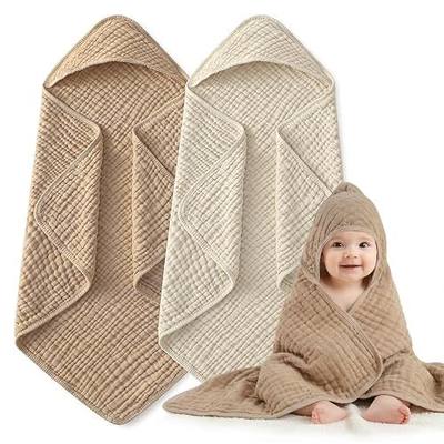 Muslin Hooded Baby Towels 2-Pack, 6-Layer 100% Cotton Baby Bath Towels for Newborns, Infants and Toddlers, Large 32 x 32 Inch, Ultra-Soft, Highly Absorbent Hooded Bath Essentials, Beige & Coffee