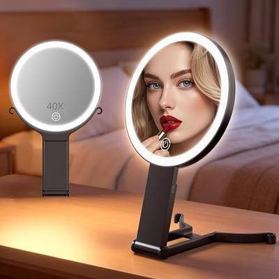 Travel Magnifying Makeup Mirror with Lights, Double Sided 40X/1X, 6inch | 3 Colors Dimming Light, Rechargeable Battery, Desk& Travel Use, High Magnification, For Makeup Lovers & Low Vision Seniors