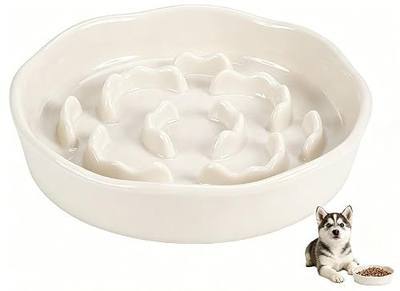 Pet Feeding Bowls, Ceramic Slow Feeder Dog Bowl - Heavy Weighted Blue Bloom Food Dish for Small to Medium Dogs - Non-Slip, Microwave & Dishwasher Safe Pottery Maze to Fast Eating (Milky White)