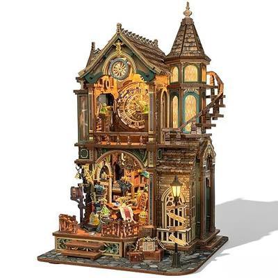 Magic Clock Tower Book Nook, Miniature Building Kit with LED Light | DIY 3D Wooden Puzzle for Adults, Fantasy Tower Model, Creative Bookshelf Decor Gift, Relaxing Craft Hobby