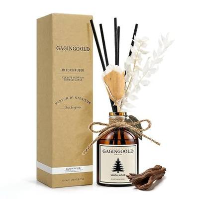 Reed Diffuser Set, Earthy Sandalwood Scent Diffuser with 10 Sticks & Decorative Flower, Long Lasting Diffusers for Home Fragrance, Vintage Decor for Bathroom Bedroom Office Shelf, 5 Fl.oz