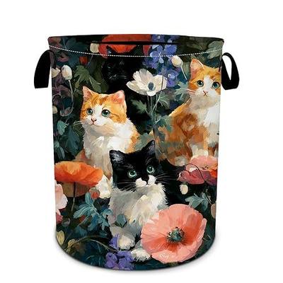 Watercolor Cats Flower Laundry Basket Collapsible Oxford Cloth Laundry Hamper with Handle Waterproof Clothes for Dorm Bathroom Bedroom 15.7 X 20 Inch