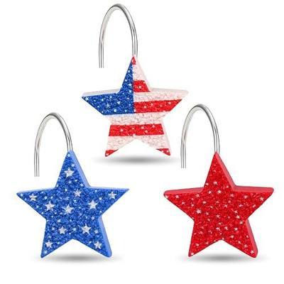 Patriotic Star Shower Curtain Hooks with Red White Blue Stars - Rustproof Metal Curtains Rings Indepedence Day Curtain Hooks Hangers 4th of July Decorative for Living Room Bedroom Bathroom Decor