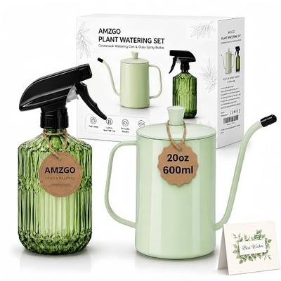 2 Pack Small Watering Can for Indoor Plants, 20 oz Metal Plant Watering Can with Long Spout for House Plants, 13.5 oz Glass Plant Mister Spray Bottle for Bonsai Garden Flowers Decorative