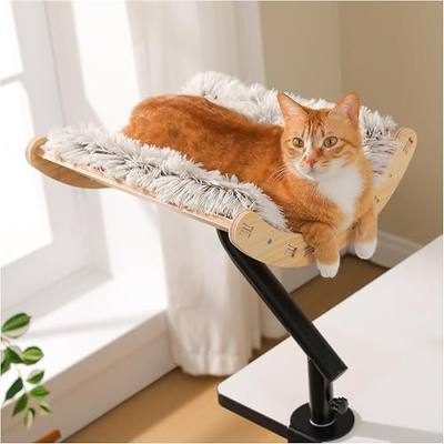 PEQULTI Wooden Desk Cat Bed, 360° Rotating Desktop Wood Perch for Office Home, Heavy Duty Table Edge Cat Hammock Holds up to 50lbs, Space-Saving Premium Wood Bed for Desk with Cushion, Beige