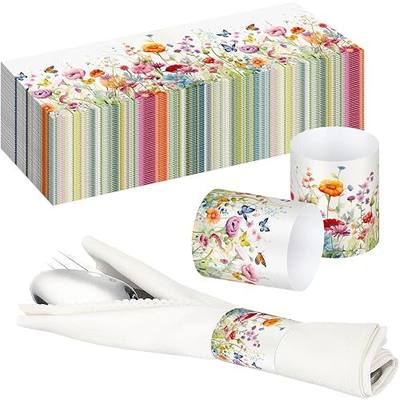 FoldTier 300 Pcs Paper Napkin Rings Disposable Napkin Bands Self Adhesive Silverware Wrap Band for Birthday Holiday Party Dinner Table Setting Decoration