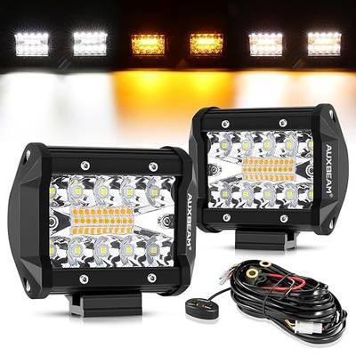 Auxbeam LED Pods, 120W 4 Inch Amber White Dual Color Strobe Offroad Lights | 3 Lighting Flashing Modes, Spot Flood Combo, Memory Function, Fog Light Bar for Truck Jeep ATV UTV, Off-Road Auxiliary Lights