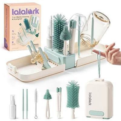 lalalark 7-in-1 Baby Bottle Brush Set, BPA Free Silicone Baby Bottle Cleaning Kit with No Scratch Dual-Headed Brush, Nipple Brush,Soap Dispenser & Drying Rack,Travel Cleaner Set with Storage Case,Mint