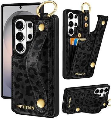 Petitian for Samsung Galaxy S26 Ultra Wallet Stand Case - Women Girls Cute Girly Aesthetic Unique Design Leather Credit Card Holder Cardholder Stand Wristband for Galaxy S26 Ultra, Black Leopard