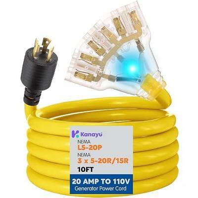 Kanayu 10ft 20 Amp to 110 Adapter Outdoor Generator Power Cord NEMA L5-20P to 3X 5-20R/5-15R, 3 Prong 15/20a Outlet Distribution Adapter with Lighted Indicator ETL Listed