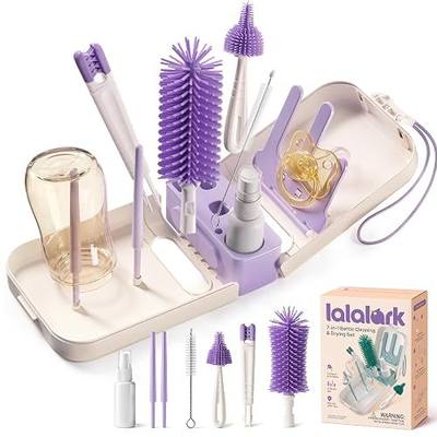 lalalark 7-in-1 Baby Bottle Brush Set, BPA Free Silicone Baby Bottle Cleaning Kit with No Scratch Dual-Headed Brush, Nipple Brushes,Soap Dispenser & Drying Rack,Travel Cleaner with Storage Case,Purple