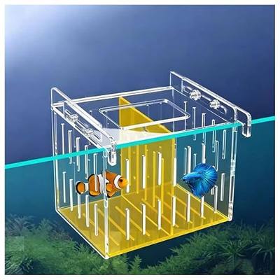 Large Acclimation Box for Saltwater Fish, Acrylic Hang on Back Breeder Box with Divider & Feeding Window, for Saltwater and Freshwater, 9.84 x 8.27 x 6.30 Inches