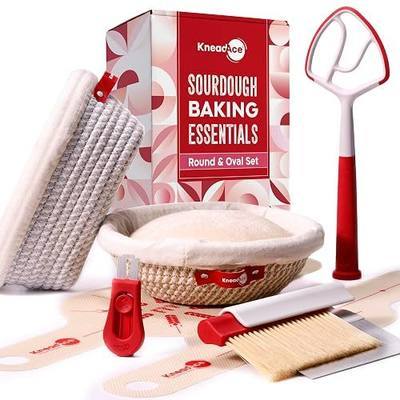KneadAce Sourdough Starter Kit with Round & Oval Banneton Proofing Baskets | Splinter-Free Cotton Rope Proofing Baskets, Dough Whisk, Bread Lame, Scraper & Brush, Sling - Sourdough Bread Baking Supplies