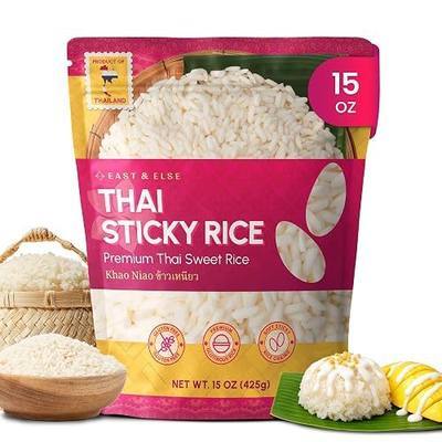 East and Else Thai Sticky Rice (Sweet Rice), 15 oz Resealable Bag, Authentic Soft Glutinous White Rice Perfect for Mango Sticky Rice, Desserts & Asian Food, Product of Thailand