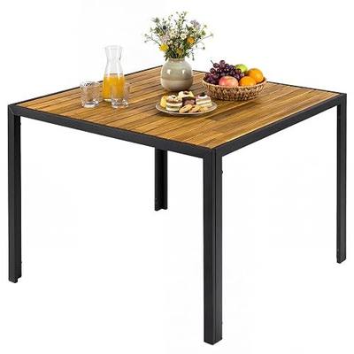 Tangkula 36" Square Patio Dining Table for 4, Acacia Wood Outdoor Table with Slatted Top, 1.97" Umbrella Hole and Heavy Duty Metal Frame, Outside Table for Porch, Garden, Backyard, Deck and Poolside