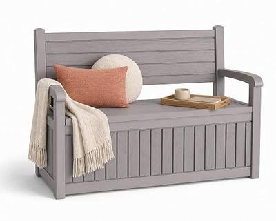 100 Gallon Outdoor Storage Bench Deck Box Waterproof Resin Lockable UV Resistant Benches Furniture Outside Porch Patio Pool Garden Tool Cushion Beige