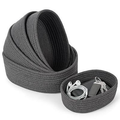 Woven Rope Storage Baskets, 5 Pack Oval Organizer Shelf Tray (Dark Gray) | Countertop Tray, Small to Large Graduated Size Set, Cotton Rope Fabric, Scratch-Free Soft Bins Boho Decorative Organization