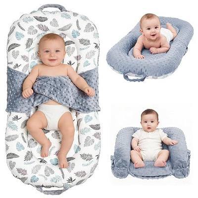 Infant Support Cushion, 3-in-1 Portable Baby Support Cushion for Newborns 0-24 Months, Foldable Sitting Seat with Removable Cover, Dual-Sided 100% Cotton and Velvet, Grey Small Leaves