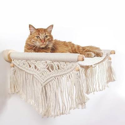 Macrame Cat Wall Shelves & Hammock - Comfy Cat Beds with Window Perch for Indoor Cats, Sleeping & Climbing, Cotton Rope, Natural Wood, Maximum Hold up to 30lb, Beige White