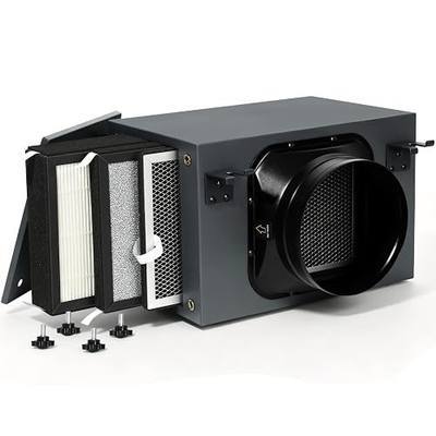 6-inch inline filter box suitable for 6" inline ductwork, HVAC fresh air intakes, and ventilation equipment. Includes pre-filter H-EPA filter carbon filter