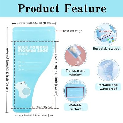 30 Pack 3.94x7.87 inch Writable Bulk Disposable Powder Light Blue Bear Bag for Travel Sample Dispenser Baby Formula Storage Container Transparent Window Portable Protein Powder Leakproof Pouches
