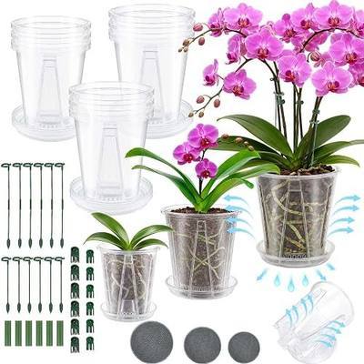 12 Pack Clear Orchid Pots with Drainage Holes Set, 4,5,6 Inch Plastic Orchid Pots with Saucers Repotting Kit with Mesh Screens, Stakes and Clips for Indoor Plants (4 in +5 in + 6 in)