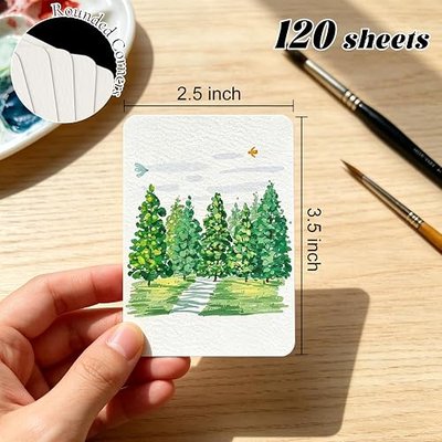 SBYURE 120 Sheets Watercolor Paper,2.5 x 3.5 in White Water Color Paper for Artists Drawing,300gsm Cold Press|Rounded Corner Artist Trading Cards for Painting, Journaling